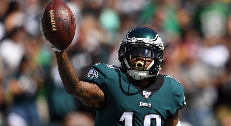 Philadelphia Eagles wide receiver DeSean Jackson (10) celebrates his touchdown catch in the second quarter against the Washington Redskins at Lincoln Financial Field. Philadelphia Eagles wide receiver DeSean Jackson (10) celebrates his touchdown catch in the second quarter against the Washington Redskins at Lincoln Financial Field.