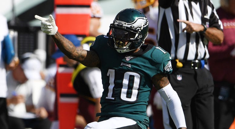 Philadelphia Eagles wide receiver DeSean Jackson (10) reacts after a first down reception in the third quarter against the Washington Redskins at Lincoln Financial Field. Philadelphia Eagles wide receiver DeSean Jackson (10) reacts after a first down reception in the third quarter against the Washington Redskins at Lincoln Financial Field.