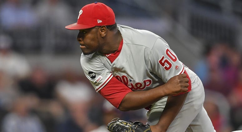 Philadelphia Phillies relief pitcher Hector Neris (50) pitches against the Atlanta Braves during the ninth inning at SunTrust Park. Philadelphia Phillies relief pitcher Hector Neris (50) pitches against the Atlanta Braves during the ninth inning at SunTrust Park.