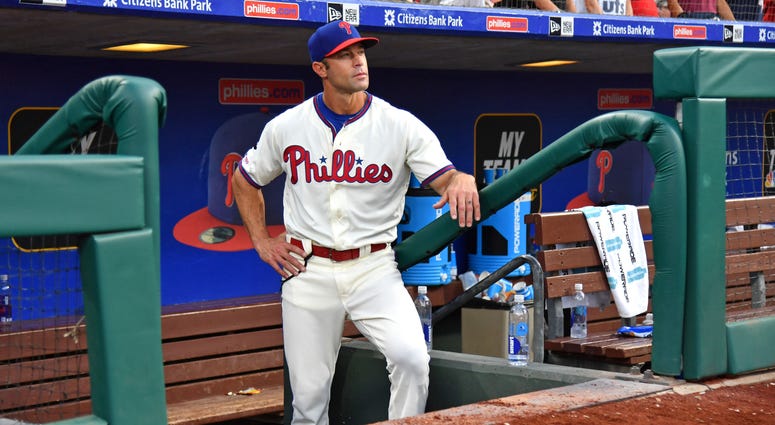 Philadelphia Phillies manager Gabe Kapler (19) waits in the dugout for his players after loss to the Miami Marlins at Citizens Bank Park, Sept. 29, 2019. Gabe Kapler