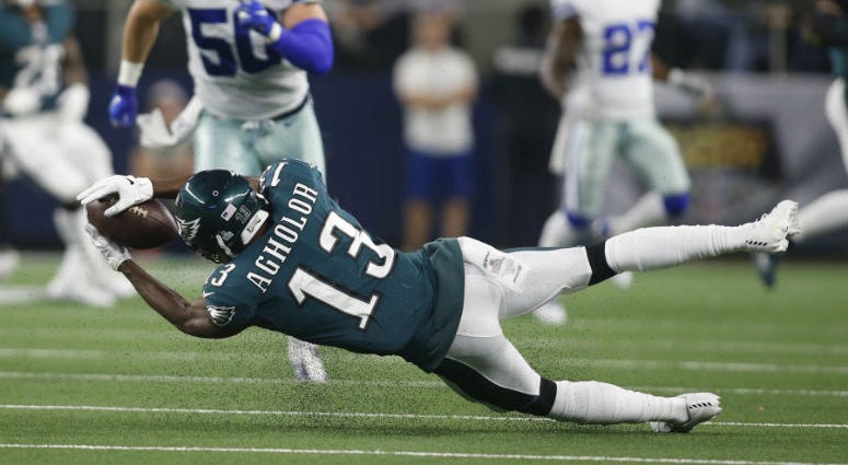 Oct 20, 2019; Arlington, TX, USA; Philadelphia Eagles wide receiver Nelson Agholor (13) catches a pass in the third quarter against the Dallas Cowboys at AT&T Stadium. Philadelphia Eagles wide receiver Nelson Agholor (13) catches a pass in the third quarter against the Dallas Cowboys at AT&T Stadium.