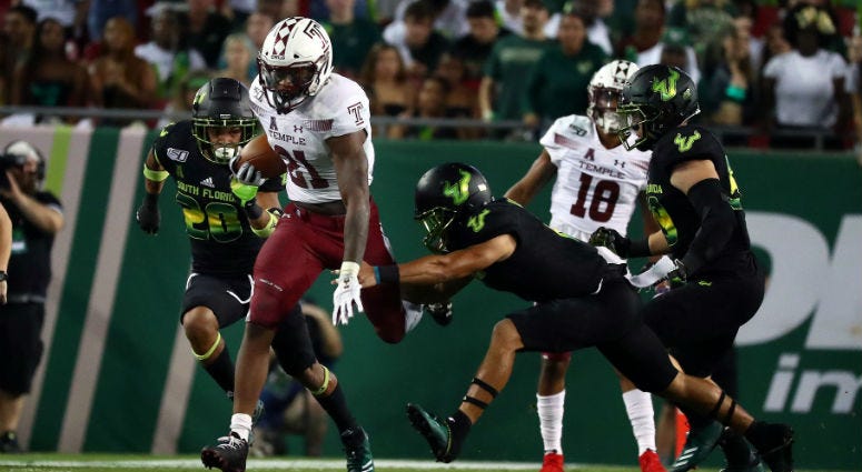 Nov 7, 2019; Tampa, FL, USA;Temple Owls running back Jager Gardner (21) runs with the ball against the South Florida Bulls during the second quarter at Raymond James Stadium. Temple Owls running back Jager Gardner (21) runs with the ball against the South Florida Bulls during the second quarter at Raymond James Stadium.