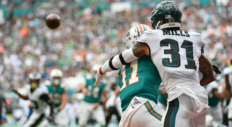 Philadelphia Eagles cornerback Jalen Mills (31) is called for defensive pass interference on Miami Dolphins wide receiver DeVante Parker (11). Philadelphia Eagles cornerback Jalen Mills (31) is called for defensive pass interference on Miami Dolphins wide receiver DeVante Parker (11).
