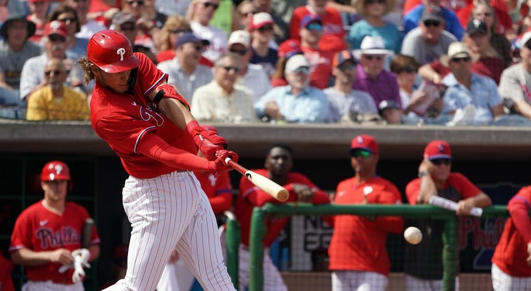 Philadelphia Phillies third baseman Alec Bohm (80) hits a single against the Toronto Blue Jays during the second inning at Spectrum Field. Philadelphia Phillies third baseman Alec Bohm (80) hits a single against the Toronto Blue Jays during the second inning at Spectrum Field.