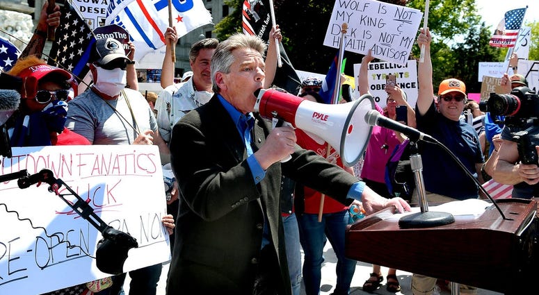 Protesters broke through barriers to gather around speaker, State Rep. Russ Diamond, R-Lebanon, who gave a speech during a Reopen PA rally in Harrisburg Friday, May 15, 2020 Protesters broke through barriers to gather around speaker, State Rep. Russ Diamond, R-Lebanon, who gave a speech during a Reopen PA rally in Harrisburg Friday, May 15, 2020