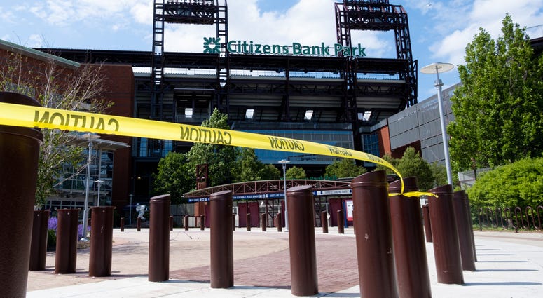 General view of Citizens Bank Park with caution tape draped around entrance area, May 21, 2020. Citizens Bank Park