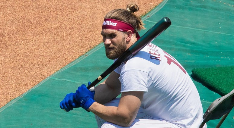 Jul 3, 2020; Philadelphia, Pennsylvania, United States; Philadelphia Phillies right fielder Bryce Harper waits to bat during workouts Philadelphia Phillies right fielder Bryce Harper waits to bat during workouts