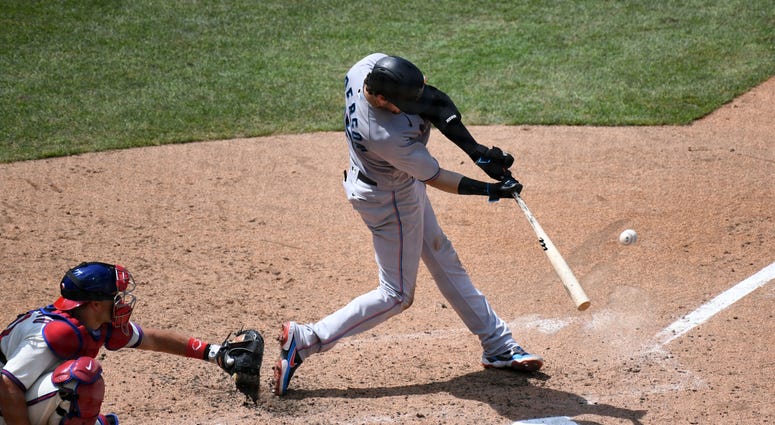 Jul 26, 2020; Philadelphia, Pennsylvania, USA; Miami Marlins third baseman Brian Anderson (15) Miami Marlins third baseman Brian Anderson (15)