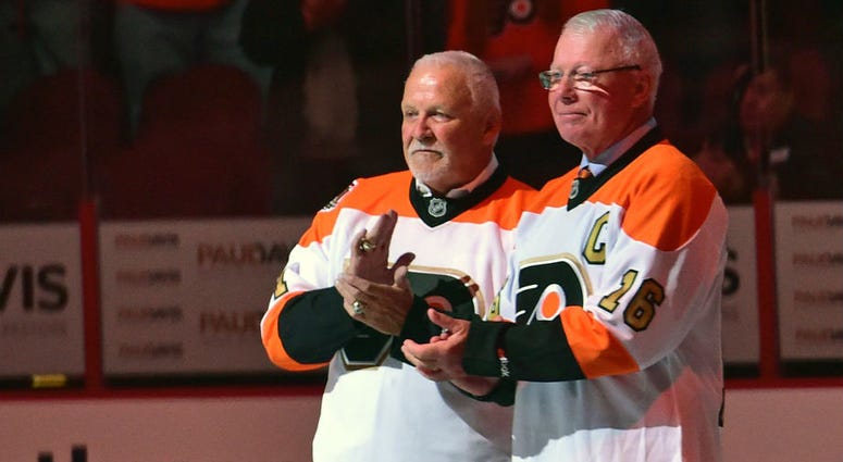 Oct 27, 2016; Philadelphia, PA, USA; Philadelphia Flyers greats goalie Bernie Parent (1) and Bobby Clarke (16) on ice during ceremony before game against Arizona Coyotes at Wells Fargo Center. Oct 27, 2016; Philadelphia, PA, USA; Philadelphia Flyers greats goalie Bernie Parent (1) and Bobby Clarke (16) on ice during ceremony before game against Arizona Coyotes at Wells Fargo Center.
