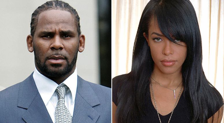 This combination photo shows singer R. Kelly after the first day of jury selection in his child pornography trial at the Cook County Criminal Courthouse in Chicago on May 9, 2008, left, the late R&B singer and actress Aaliyah during a photo shoot in 2001. R. Kelly and Aaliyah