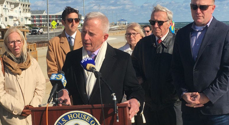 Rep. Jeff Van Drew speaking after A two-year-long dispute over how to do beach replenishment down the shore has been settled. Rep. Jeff Van Drew.