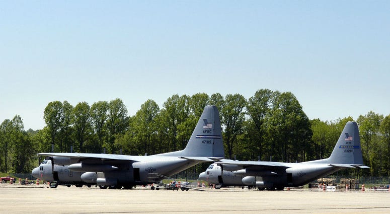 Air Force C-130's sit on the tarmac May 13, 2005, on the grounds of Willow Grove Naval Air Station in Horsham, Pennsylvania. Willow Grove Naval Air Station