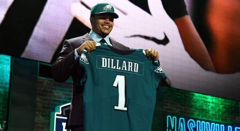 Andre Dillard (Washington State) is selected as the number twenty-two overall pick to the Philadelphia Eagles in the first round of the 2019 NFL Draft in Downtown Nashville. Andre Dillard (Washington State) is selected as the number twenty-two overall pick to the Philadelphia Eagles in the first round of the 2019 NFL Draft in Downtown Nashville.