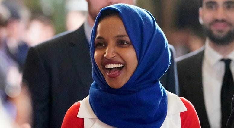 In this Feb. 5, 2019 photo, Rep. Ilhan Omar, D-Minn., arrives for President Donald Trump's State of the Union address to a joint session of Congress on Capitol Hill in Washington. Rep. Ilhan Omar, D-Minn.