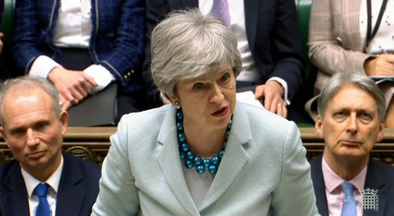 Britain's Prime Minister Theresa May makes a statement on Brexit to lawmakers in the House of Commons, London, Monday March 25, 2019. Britain's Prime Minister Theresa May makes a statement on Brexit to lawmakers in the House of Commons, London, Monday March 25, 2019.