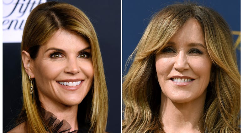 This combination photo shows actress Lori Loughlin in 2018, left, and actress Felicity Huffman in 2018. Lori Loughlin and Felicity Huffman