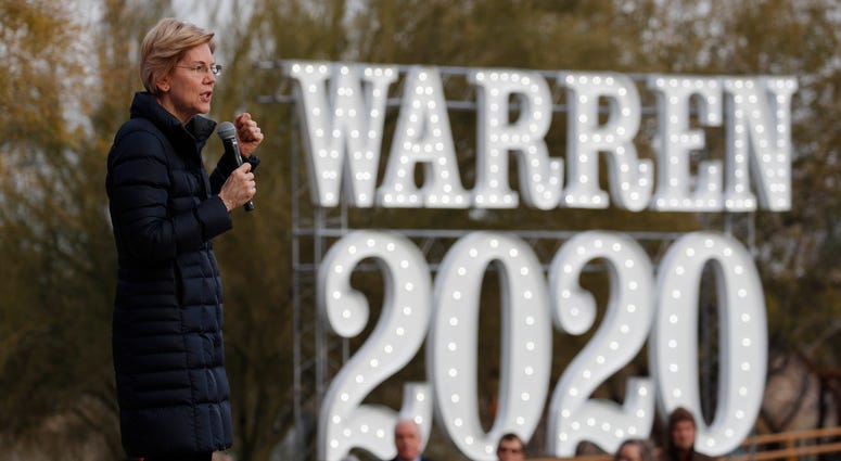 In this Feb. 17, 2019, file photo, Democratic presidential candidate Sen. Elizabeth Warren, D-Mass., speaks at an organizing event in Las Vegas. In this Feb. 17, 2019, file photo, Democratic presidential candidate Sen. Elizabeth Warren, D-Mass., speaks at an organizing event in Las Vegas.