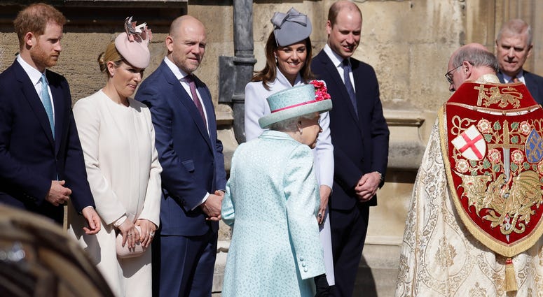 Members of Britain's Royal family watch as Britain's Queen Elizabeth II arrives to attend the Easter Mattins Service at St. George's Chapel, at Windsor Castle in England Sunday, April 21, 2019. Members of Britain's Royal family watch as Britain's Queen Elizabeth II arrives to attend the Easter Mattins Service at St. George's Chapel, at Windsor Castle in England Sunday, April 21, 2019.