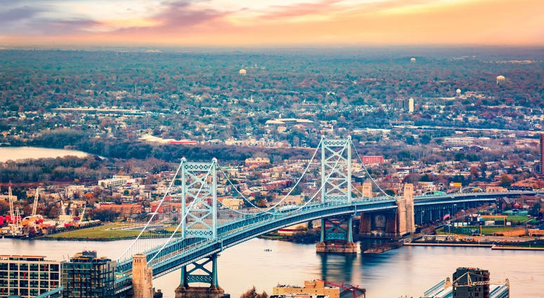 Benjamin Franklin Bridge leading into Camden, N.J. Benjamin Franklin Bridge leading into Camden, N.J.