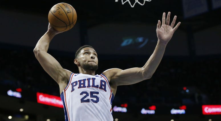 Philadelphia 76ers guard Ben Simmons goes up for a dunk during the first half of the team's NBA basketball game against the Oklahoma City Thunder on Thursday, Feb. 28, 2019, in Oklahoma City. Philadelphia 76ers guard Ben Simmons goes up for a dunk during the first half of the team's NBA basketball game against the Oklahoma City Thunder on Thursday, Feb. 28, 2019, in Oklahoma City.