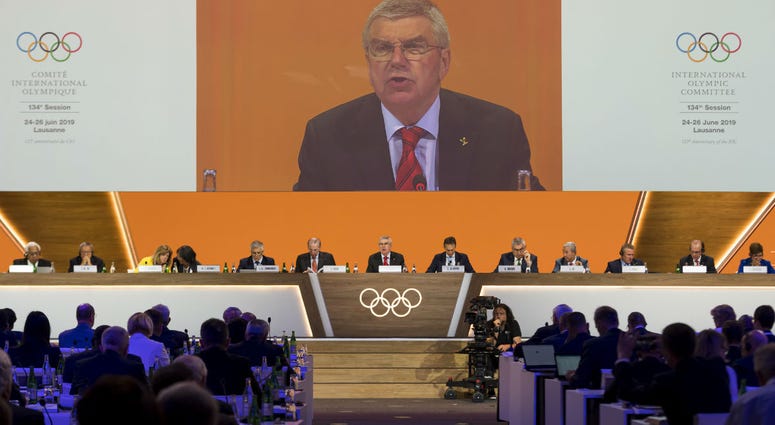International Olympic Committee, IOC, President Thomas Bach from Germany speaks during the 134th Session of the International Olympic Committee (IOC), at the SwissTech Convention Centre, in Lausanne, Switzerland, Tuesday, June 25, 2019. International Olympic Committee, IOC, President Thomas Bach from Germany speaks during the 134th Session of the International Olympic Committee (IOC), at the SwissTech Convention Centre, in Lausanne, Switzerland, Tuesday, June 25, 2019.