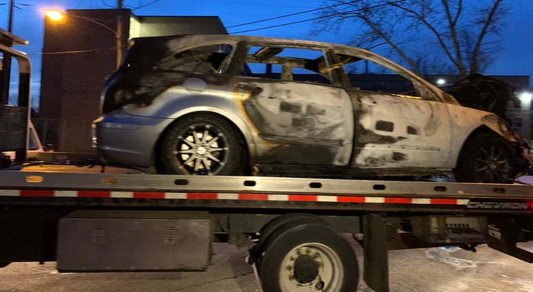 Police say this car was set on fire overnight on Fishers Lane, not far from Broad Street in the Logan section of Philadelphia. Police say this car was set on fire overnight on Fishers Lane, not far from Broad Street in the Logan section of Philadelphia.