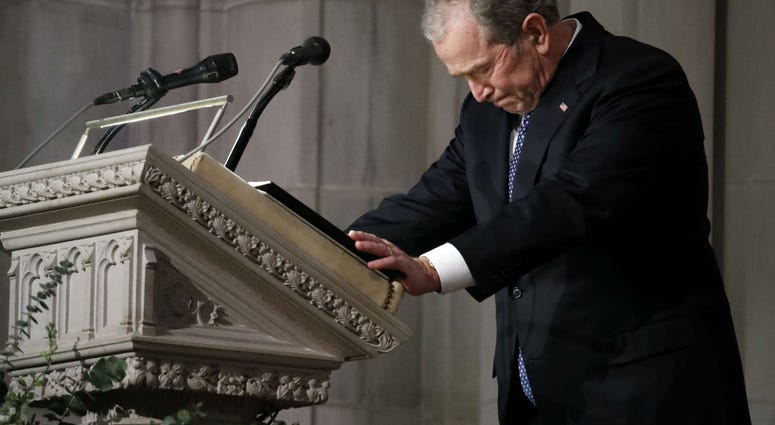 Former President George W. Bush speaks at the State Funeral for his father, former President George H.W. Bush, at the National Cathedral, December 5, 2018 in Washington, DC. Former President George W. Bush speaks at the State Funeral for his father, former President George H.W. Bush, at the National Cathedral, December 5, 2018 in Washington, DC.