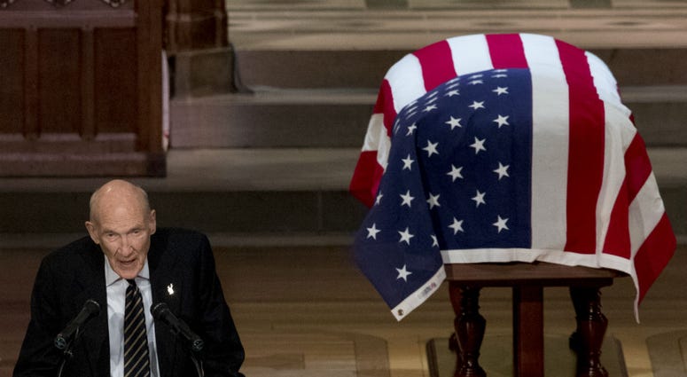 Former Sen. Alan Simpson, R-Wyo, speaks during the State Funeral for former President George H.W. Bush at the National Cathedral, December 5, 2018 in Washington, DC. Former Sen. Alan Simpson, R-Wyo, speaks during the State Funeral for former President George H.W. Bush at the National Cathedral, December 5, 2018 in Washington, DC.