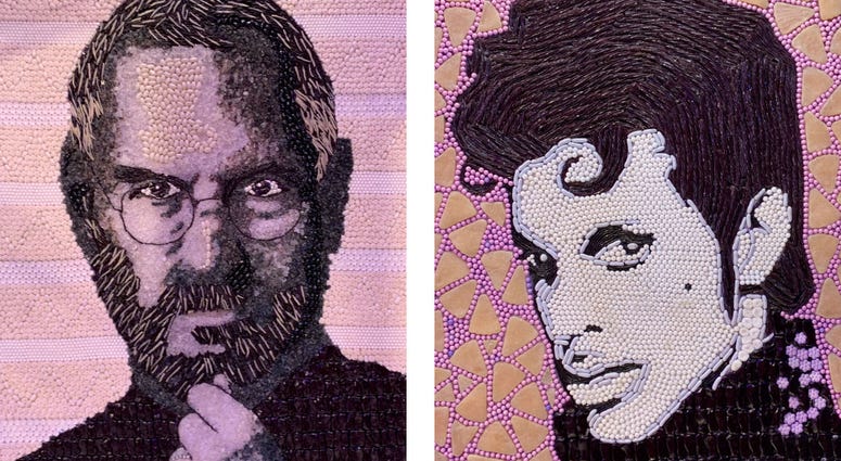 Details of candy portraits of Steve Jobs and Prince. Details of candy portraits of Steve Jobs and Prince.