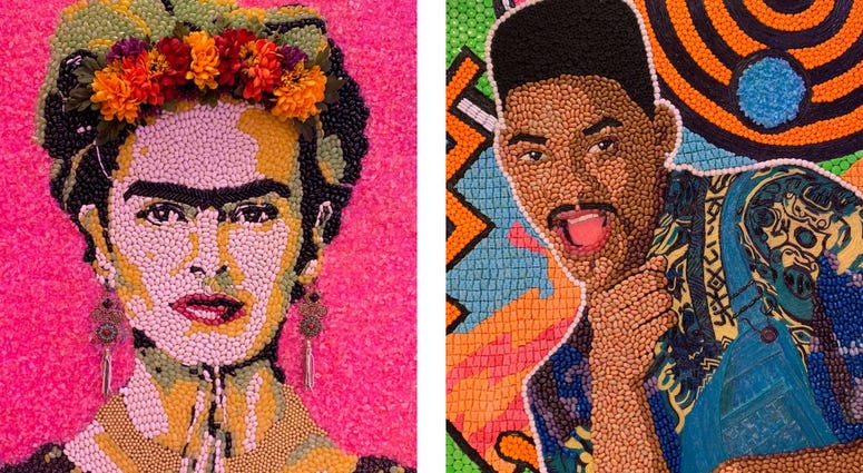 Details of candy portraits of Frida Kahlo and Will Smith. Details of candy portraits of Frida Kahlo and Will Smith.