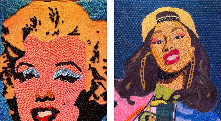 Details of candy portraits of Marilyn Monroe and Cardi B. Details of candy portraits of Marilyn Monroe and Cardi B.