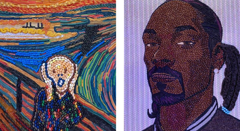 Details of a candy recreation of Edvard Munch's 'The Scream' and a candy portrait of Snoop Dogg. Details of a candy recreation of Edvard Munch's 'The Scream' and a candy portrait of Snoop Dogg.