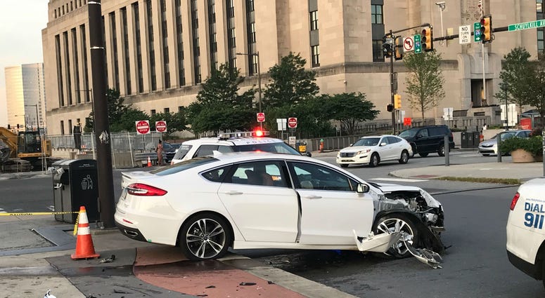 The driver of this car ran off after crashing it near 30th Street Station early Tuesday morning. The driver of this car ran off after crashing it near 30th Street Station early Tuesday morning.