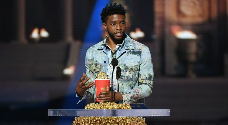 Actor Chadwick Boseman accepts the Best Hero award for 'Black Panther' onstage during the 2018 MTV Movie And TV Awards at Barker Hangar on June 16, 2018 in Santa Monica, California. Actor Chadwick Boseman accepts the Best Hero award for 'Black Panther' onstage during the 2018 MTV Movie And TV Awards at Barker Hangar on June 16, 2018 in Santa Monica, California.