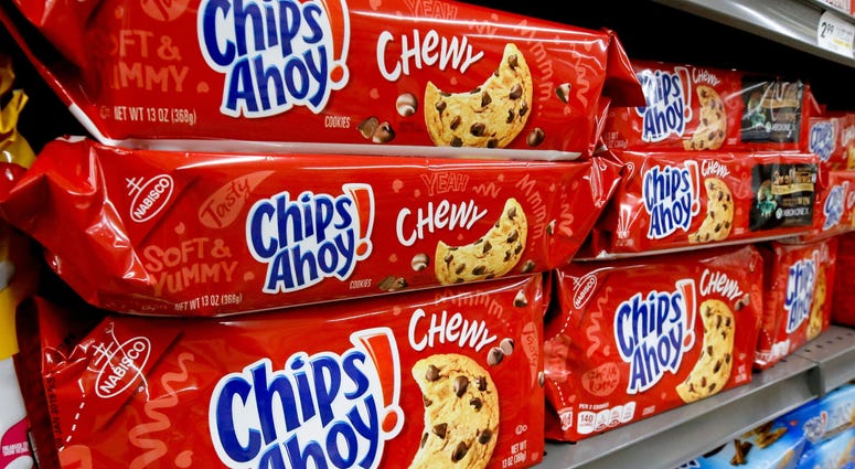 Mondelez Global LLC is recalling 13-ounce packages of Chewy Chips Ahoy cookies due to an "unexpected solidified ingredient," the company said. Mondelez Global LLC is recalling 13-ounce packages of Chewy Chips Ahoy cookies due to an "unexpected solidified ingredient," the company said.