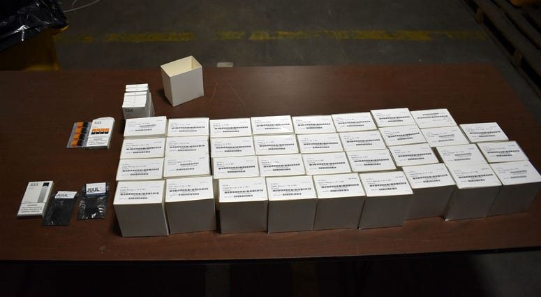 Federal customs agents in Philadelphia intercepted more than 1,150 counterfeit e-cigarette Juul pods and three chargers. Federal customs agents in Philadelphia intercepted more than 1,150 counterfeit e-cigarette Juul pods and three chargers.