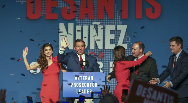 Republican Florida Governor-elect Ron DeSantis, center, waves to the supporters with his wife, Casey, left, and Republican Lt. Governor-elect Jeanette Nunez, third right. Republican Florida Governor-elect Ron DeSantis, center, waves to the supporters with his wife, Casey, left, and Republican Lt. Governor-elect Jeanette Nunez, third right.