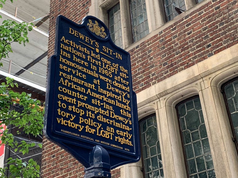 Historical marker at the former site of Dewey's Historical marker at the former site of Dewey's