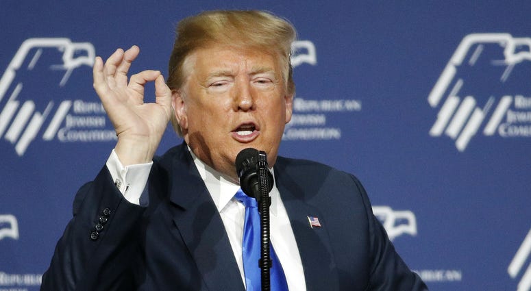 In this April 6, 2019, photo, President Donald Trump speaks at an annual meeting of the Republican Jewish Coalition in Las Vegas. In this April 6, 2019, photo, President Donald Trump speaks at an annual meeting of the Republican Jewish Coalition in Las Vegas.