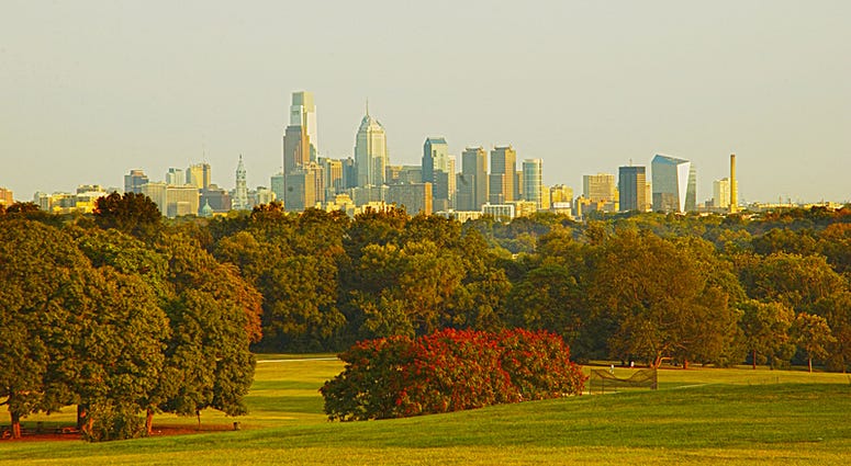Philadelphia skyline from Fairmount Park across the Schuylkill River Philadelphia skyline from Fairmount Park across the Schuylkill River.