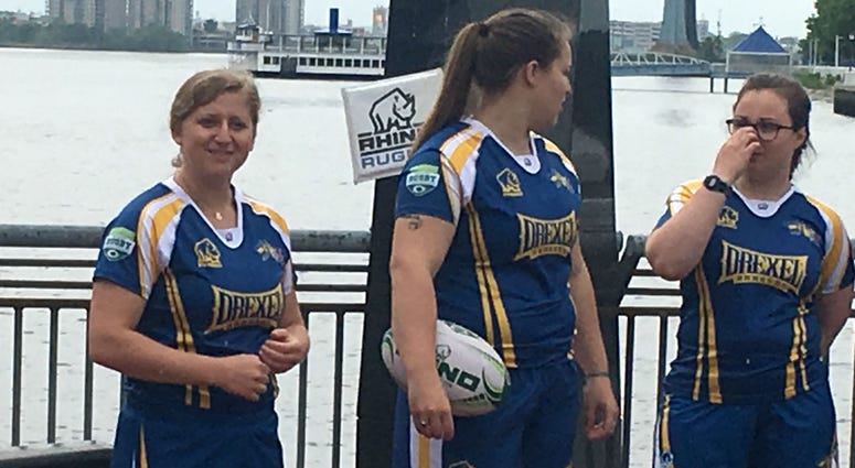 Drexel women's rugby players demonstrate the sport at the Battleship New Jersey in advance of the 2018 Collegiate Rugby Championships. Drexel women's rugby players demonstrate the sport at the Battleship New Jersey in advance of the 2018 Collegiate Rugby Championships.