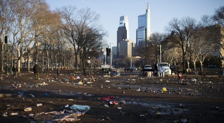 The Oval park outside of the Philadelphia Museum of Art is littered with trash following the Philadelphia Eagles Super Bowl LII celebration, Feb. 8, 2018. Eagles Super Bowl parade