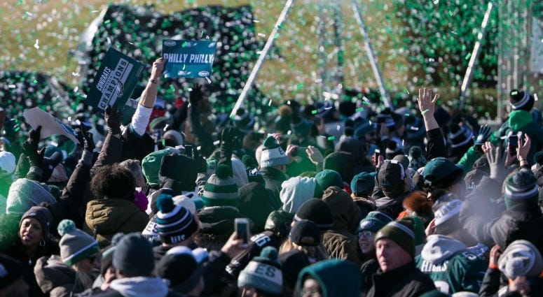 Thousands gather around the Rocky steps of the Philadelphia Museum of Art as the Super Bowl LII Champions Philadelphia Eagles parade down Broad Street ending at the art museum, Feb. 8, 2018. Eagles Super Bowl parade