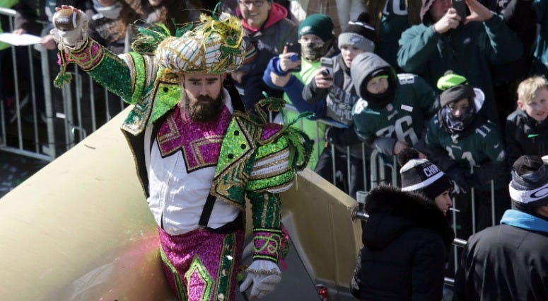 Philadelphia Eagles center Jason Kelce celebrates their first Super Bowl Championship with a parade down Broad Street to the Philadelphia Museum of Art, Feb. 8, 2018. Jason Kelce