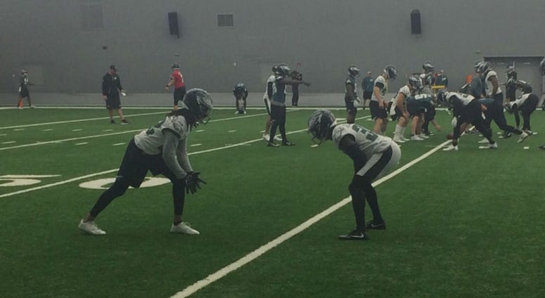 The Eagles work out in their practice bubble in South Philadelphia. The Eagles work out in their practice bubble in South Philadelphia.
