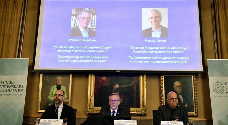 The laureates of the Nobel Prize in Economics displayed on the screen, William Nordhaus, left, and Paul Romer during a press conference at the The Royal Swedish Academy of Sciences in Stockholm, Monday Oct. 8, 2018. The laureates of the Nobel Prize in Economics displayed on the screen, William Nordhaus, left, and Paul Romer during a press conference at the The Royal Swedish Academy of Sciences in Stockholm, Monday Oct. 8, 2018.