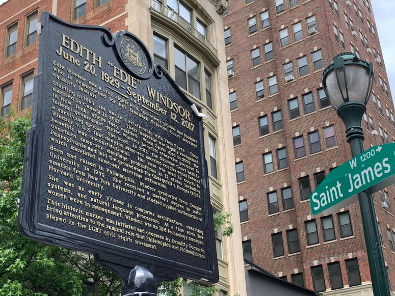 A historical marker is dedicated to Edith Windsor, at 11th and Saint James streets, in Philadelphia. A historical marker is dedicated to Edith Windsor, at 11th and Saint James streets, in Philadelphia.