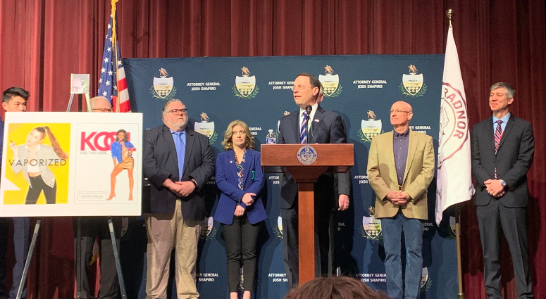 Pennsylvania AG Josh Shapiro announces the state is suing Juul at Radnor High School. Pennsylvania AG Josh Shapiro announces the state is suing Juul at Radnor High School.
