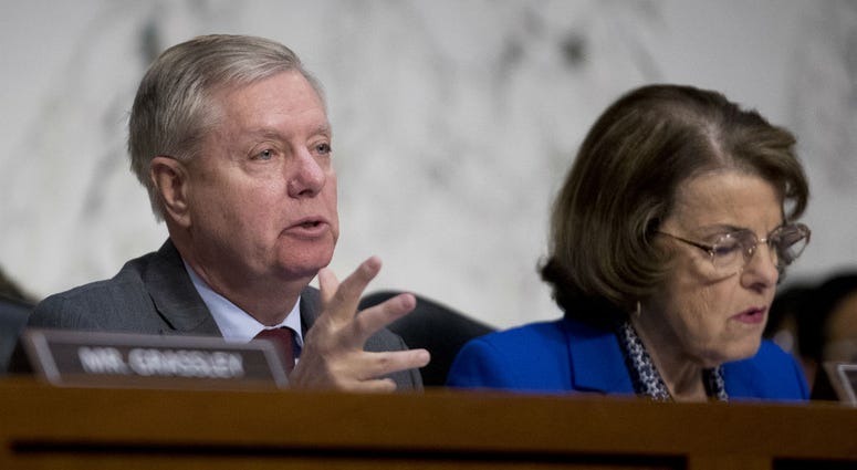 Senate Judiciary Committee Chairman Lindsey Graham, R-S.C., accompanied by Ranking Member Sen. Dianne Feinstein, D-Calif., right, questions Attorney General nominee William Barr in Washington, Tuesday, Jan. 15, 2019. Senate Judiciary Committee Chairman Lindsey Graham, R-S.C., accompanied by Ranking Member Sen. Dianne Feinstein, D-Calif., right, questions Attorney General nominee William Barr in Washington, Tuesday, Jan. 15, 2019.