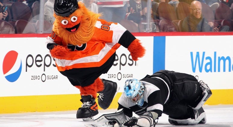 The Philadelphia Flyers mascot Gritty skates between periods of the game against the New York Rangers at the Wells Fargo Center on Sept. 27, 2018 in Philadelphia. Gritty